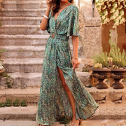 Felicitas | Charmantes Boho Maxi-Sommerkleid mit Langarm – Grün
