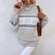 Fennike | Damen Strickpullover Norwegermuster Rundhals – Hellgrau