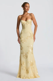 Figurbetontes Maxi Kleid mit Spitze – Gelb