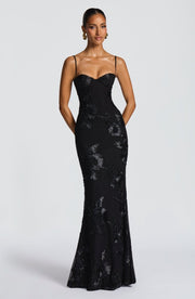 Figurbetontes Maxi Kleid mit Spitze – Schwarz