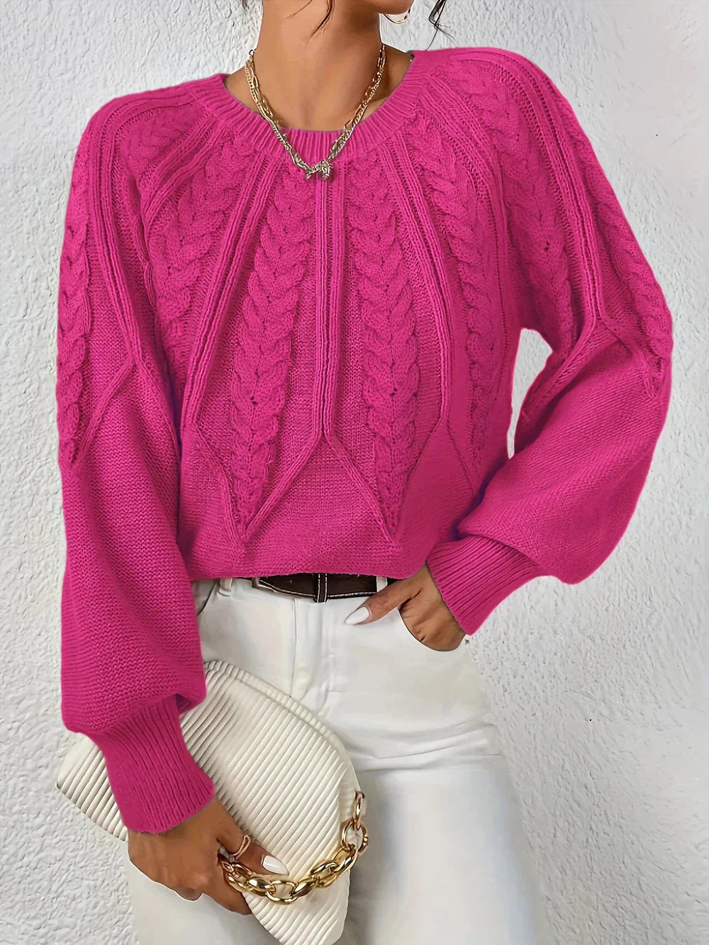 Damen Zopfstrick Pullover mit Rundhalsausschnitt