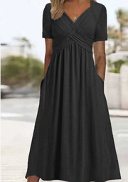 Damen Kurzarm V-Ausschnitt Maxikleid – Schwarz