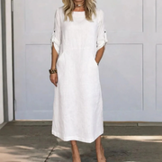 Gabriela | Damen Modernes Sommerkleid Midi Boho A-Linie – Weiß