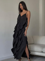 Gala Abendkleid Maxi mit Volants – Schwarz