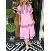 Galina | Damen Modernes Sommerkleid Midi Boho mit V-Ausschnitt – Rosa