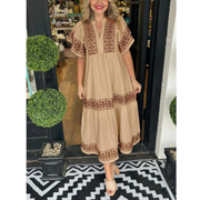 Galina | Damen Modernes Sommerkleid Midi Boho mit V-Ausschnitt – Mokka