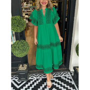 Galina | Damen Modernes Sommerkleid Midi Boho mit V-Ausschnitt – Grün