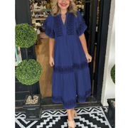 Galina | Damen Modernes Sommerkleid Midi Boho mit V-Ausschnitt – Marineblau