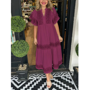 Galina | Damen Modernes Sommerkleid Midi Boho mit V-Ausschnitt – Weinrot