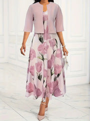 Giselle | Damen Blumenkleid Set mit Jacke – Rosa