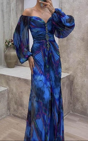 Maud™ - Langes Elegantes Plissee-Abendkleid – Blau