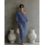 Gloria | Damen Leinen Maxikleid Asymmetrisch – Blau