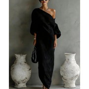 Gloria | Damen Leinen Maxikleid Asymmetrisch – Schwarz