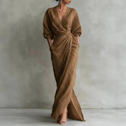 Grit | Damen Langarm Maxikleid Elegant – Braun