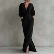 Grit | Damen Langarm Maxikleid Elegant – Schwarz