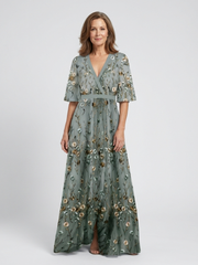 Damen Langes Florales V-Ausschnitt Maxikleid – Elegantes Sommerkleid – Grün