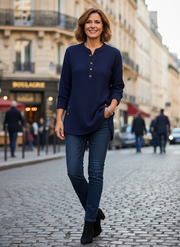 Gunnhild | Damen Pullover Tunika Langarm Henley – Marineblau