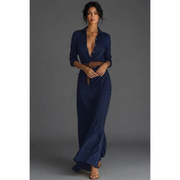 Heide | Damen Elegantes Wickel Maxikleid – Marineblau