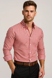 Herren Hemd Gestreift Langarm Elegant – Rot