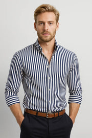 Herren Hemd Gestreift Langarm Elegant – Marineblau