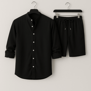 Herren Leinenlook Set Hemd Shorts – Schwarz