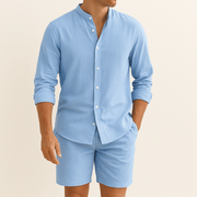 Herren Leinenlook Set Hemd Shorts – Blau