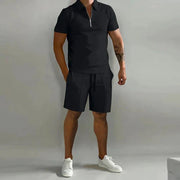 Herren Sommer Zweiteiler Set mit Polo und Shorts – Schwarz