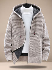Tobias | Herren Strickjacke mit Kapuze Reißverschluss Fleecefutter Waffelmuster – Beige