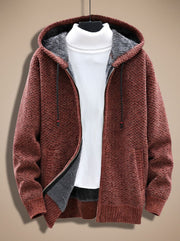 Tobias | Herren Strickjacke mit Kapuze Reißverschluss Fleecefutter Waffelmuster – Braun