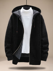 Tobias | Herren Strickjacke mit Kapuze Reißverschluss Fleecefutter Waffelmuster – Schwarz