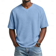 Niklas | Herren Waffelstrick Kurzarm-Shirt V-Ausschnitt Raglan – Blau