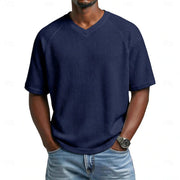 Niklas | Herren Waffelstrick Kurzarm-Shirt V-Ausschnitt Raglan – Dunkelblau