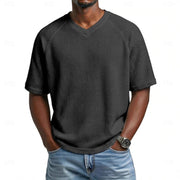 Niklas | Herren Waffelstrick Kurzarm-Shirt V-Ausschnitt Raglan – Schwarz