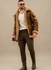Maximilian | Herren Winterjacke gefüttert Kunstfell Leder-Optik Fliegerjacke – Beige
