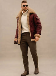 Maximilian | Herren Winterjacke gefüttert Kunstfell Leder-Optik Fliegerjacke – Weinrot