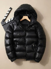 Simon | Herren Winterjacke Glänzende Winddichte Entendaunen Steppjacke – Schwarz