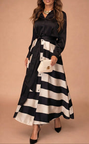 Mila™ - Gestreifte Lange Kleid mit Spitze – Schwarz