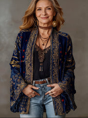 Eudocia - Bestickter Boho-Kimono-Cardigan – Mitternachtsblau
