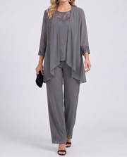 Aeliana - Elegantes, dreiteiliges Set mit Blazer und weiter Hose – Grau
