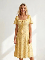 Diana | Damen Blumenkleid Midi mit V-Ausschnitt und kurzen Ärmeln – Gelb