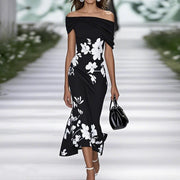 Noelle | Damen Off-Shoulder Midikleid mit Blumenmuster, figurbetont – Schwarz