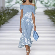 Noelle | Damen Off-Shoulder Midikleid mit Blumenmuster, figurbetont – Blau