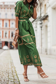 Freya | Damen Midi Kleid mit Goldprint, Kurzarm A-Linie Bindegürtel – Grün