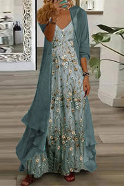 Dahlia | Damen Maxikleid mit Cardigan Set, Blumendruck V-Ausschnitt – Grün