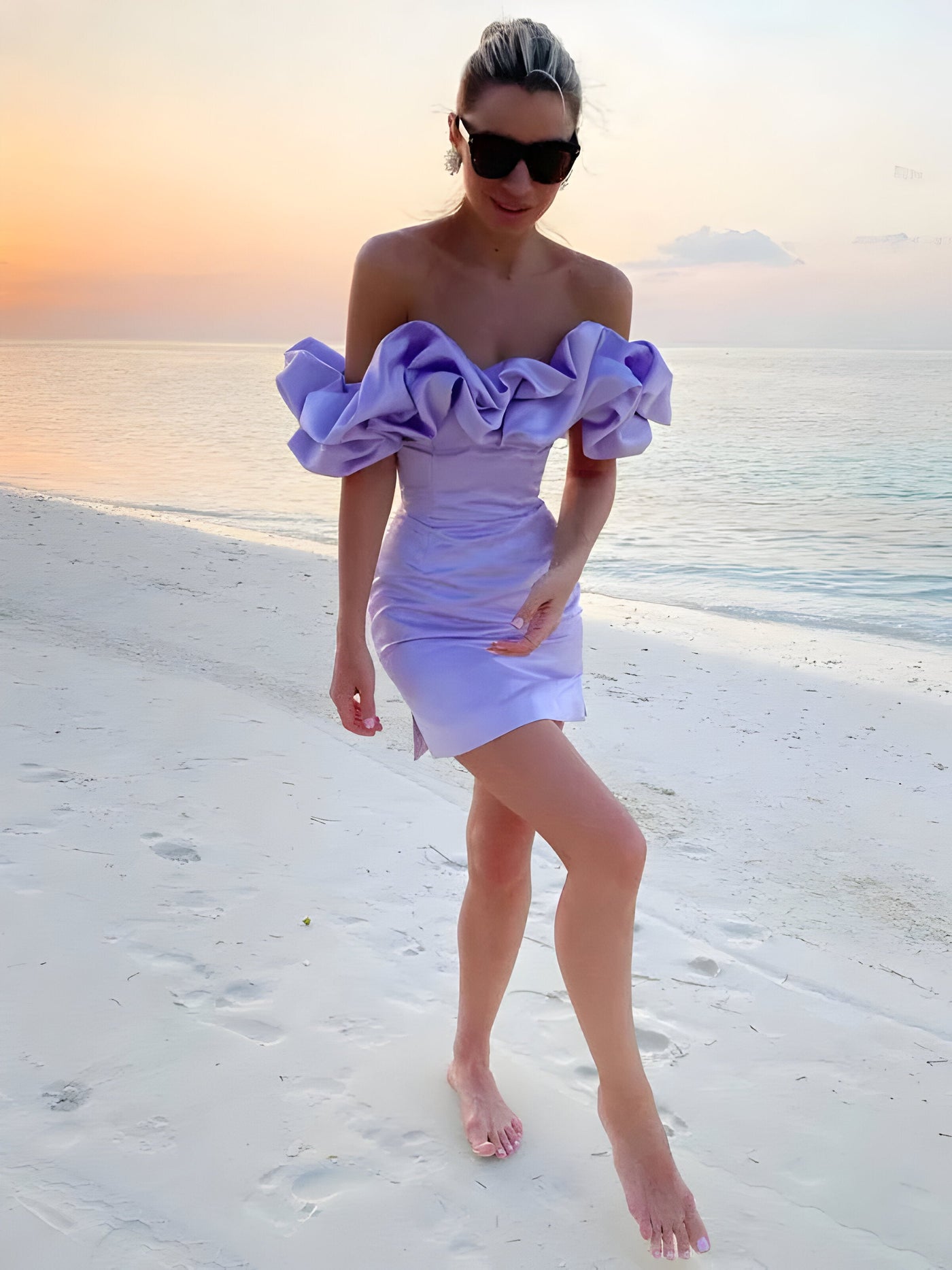 Mia | Satin Ruffle Off Shoulder Kleid