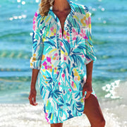 Tropica | Damen Strandhemd mit Tropenprint, Kurzkleid Sommer bunt – Tropisches Blau