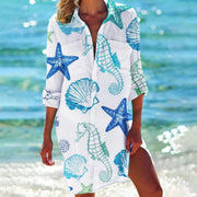 Tropica | Damen Strandhemd mit Tropenprint, Kurzkleid Sommer bunt – Blaues Seepferdchen