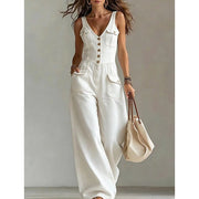 Salmae | Ärmelloser Denim-Jumpsuit mit Knopfleiste – Weiß