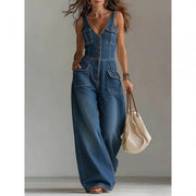 Salmae | Ärmelloser Denim-Jumpsuit mit Knopfleiste – Dunkelblau
