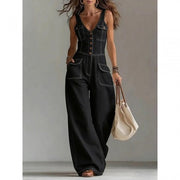 Salmae | Ärmelloser Denim-Jumpsuit mit Knopfleiste – Schwarz